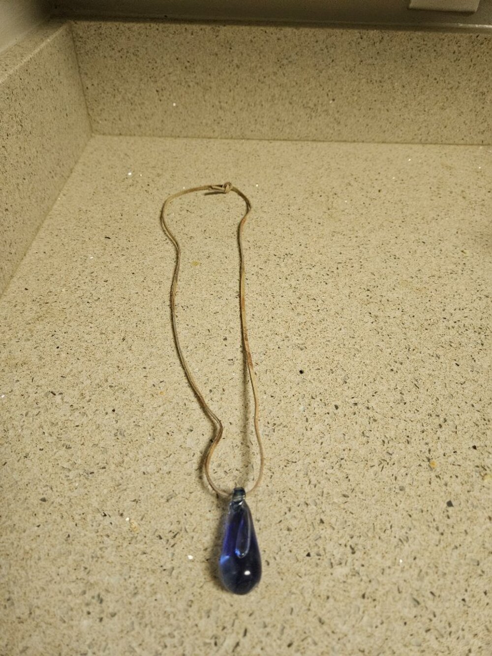 Teardrop Handblown Blue Glass Pendant on Leather Cord - 30"